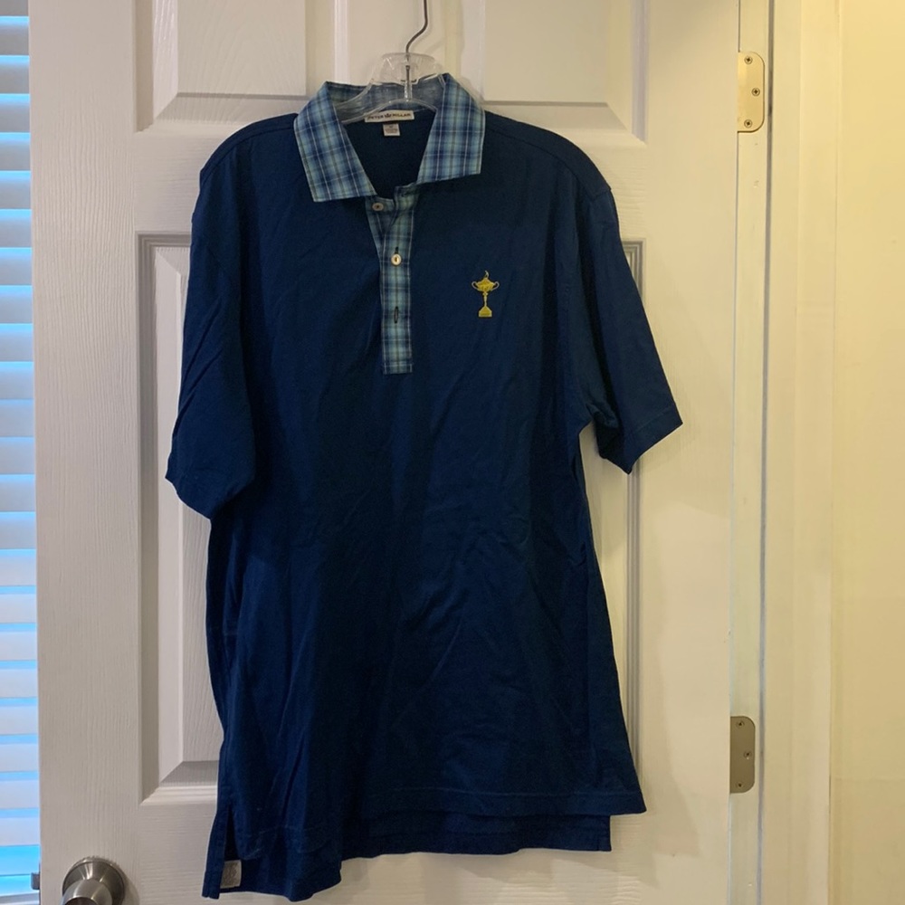 Men’s Peter Millar blue polo with plaid collar detail